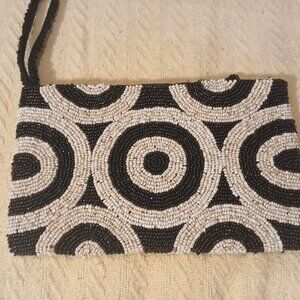 Vintage Black & White Beaded Small Coin Purse Bag Circles Art Deco
